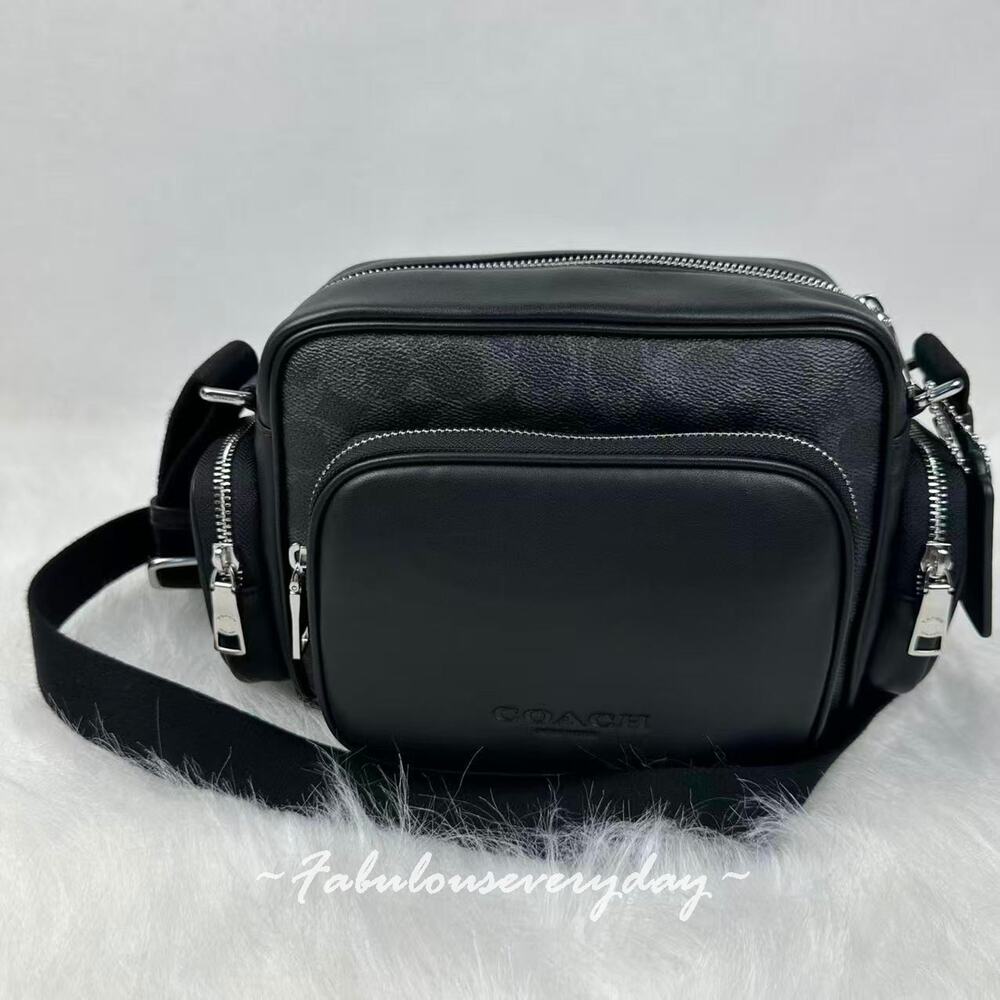 Coach Men's Fletcher Crossbody Bag In Signature Canvas/Silver/Black CEA25 NWT